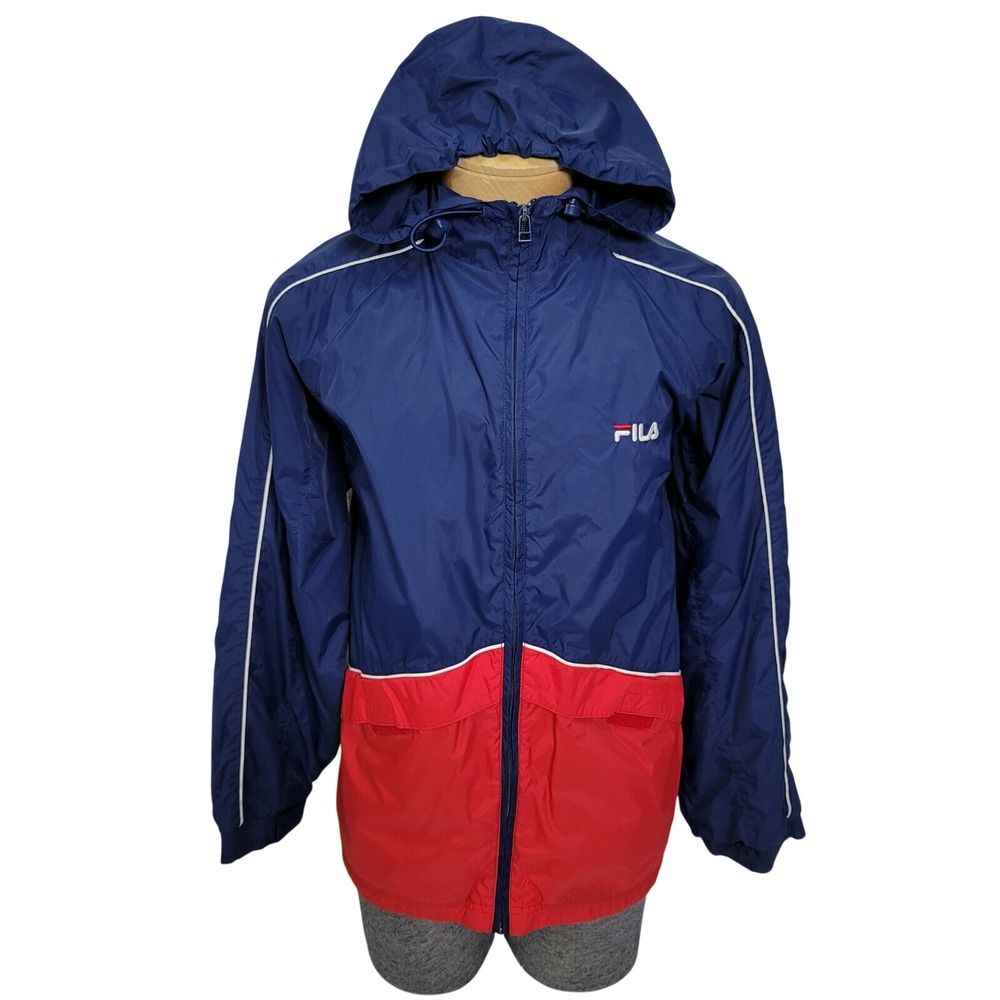 Fila‎ Mens Hooded Windbreaker Jacket Navy Blue Red Colorblock Full Zip Y2K